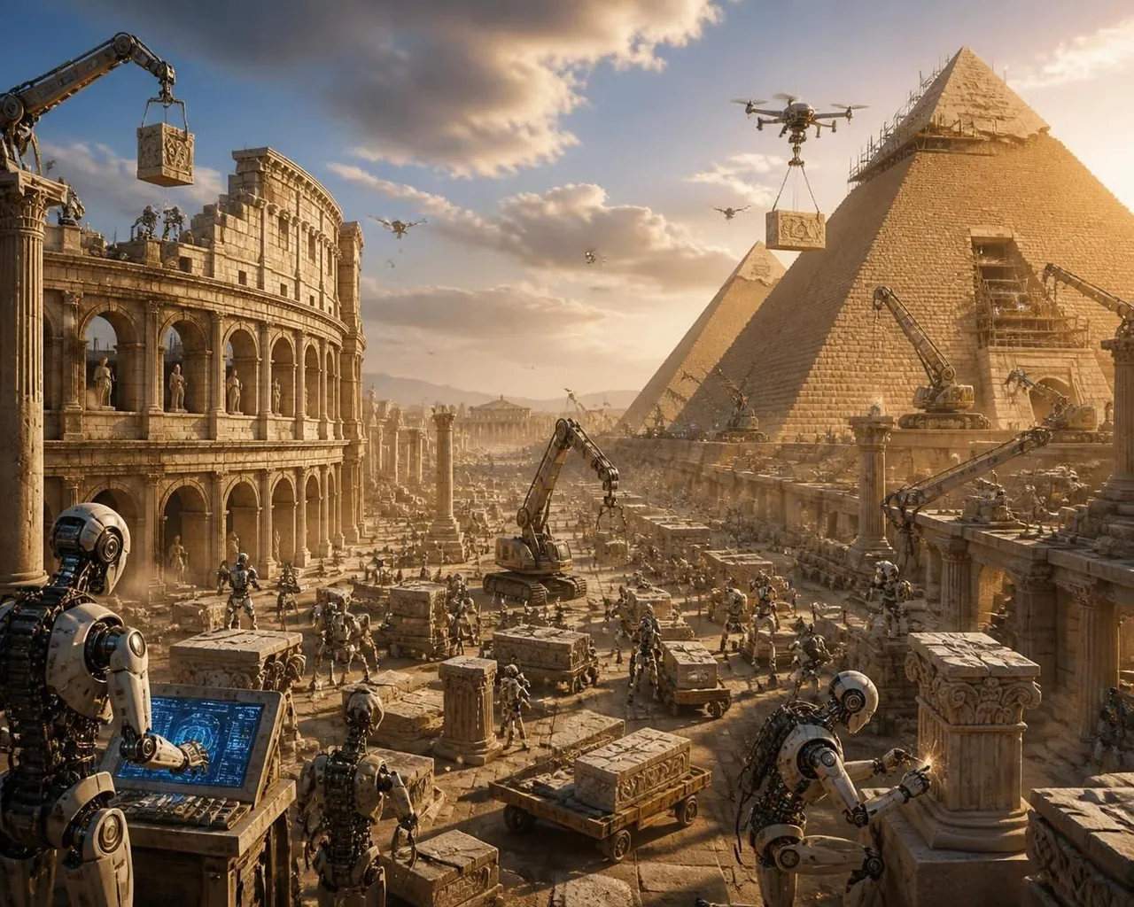 Robots and construction machines building the Colosseum and the pyramids — the monuments that took lifetimes, going up in an afternoon