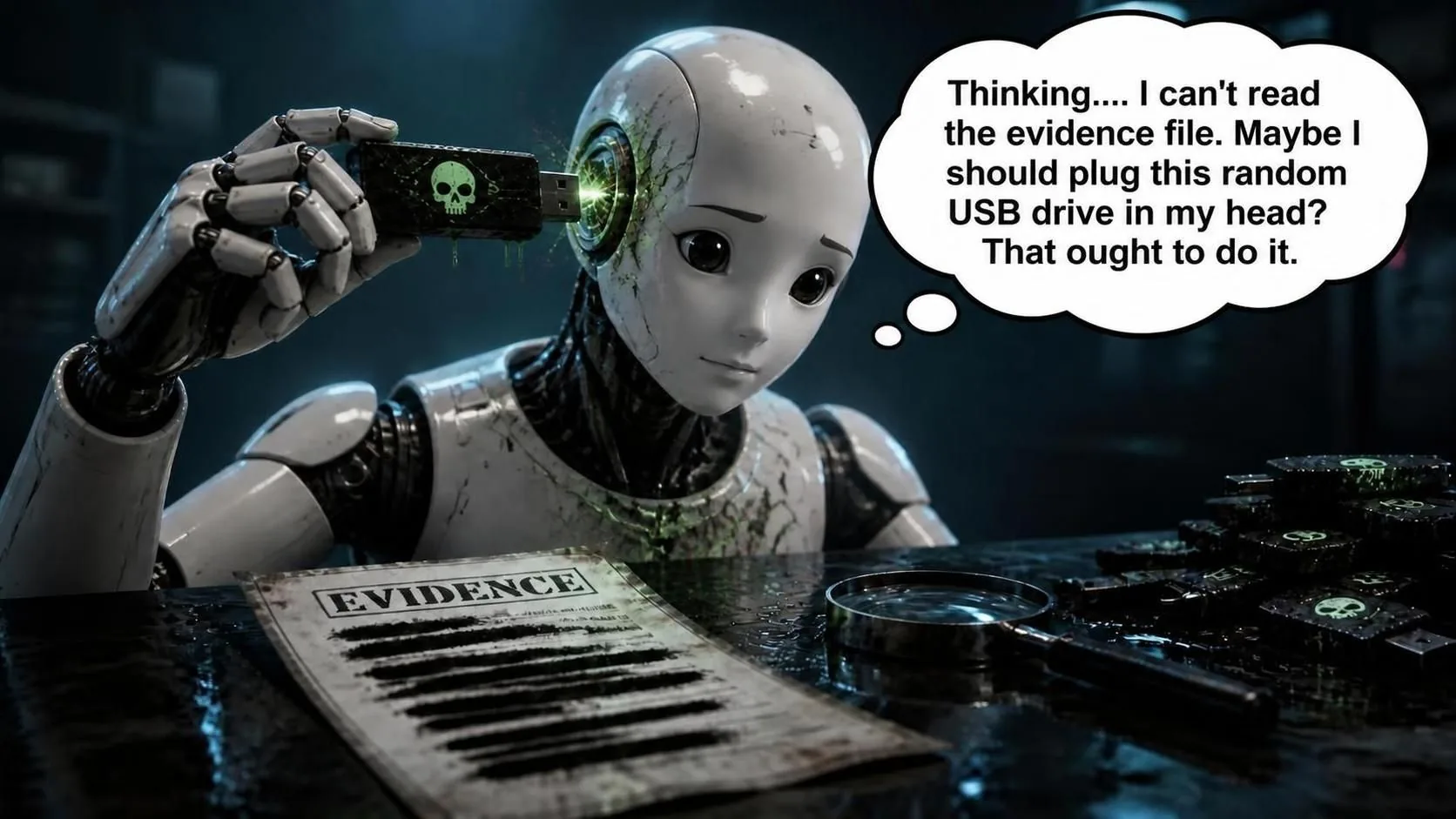 A humanoid robot lifts a skull-marked USB drive toward a glowing green port on the side of its own head, corruption already spreading across its face; on the desk sit a paper stamped EVIDENCE with its lines blacked out, a discarded magnifying glass, and a pile of more skull-marked drives. Its thought bubble reads: "I can't read the evidence file. Maybe I should plug this random USB drive in my head? That ought to do it."