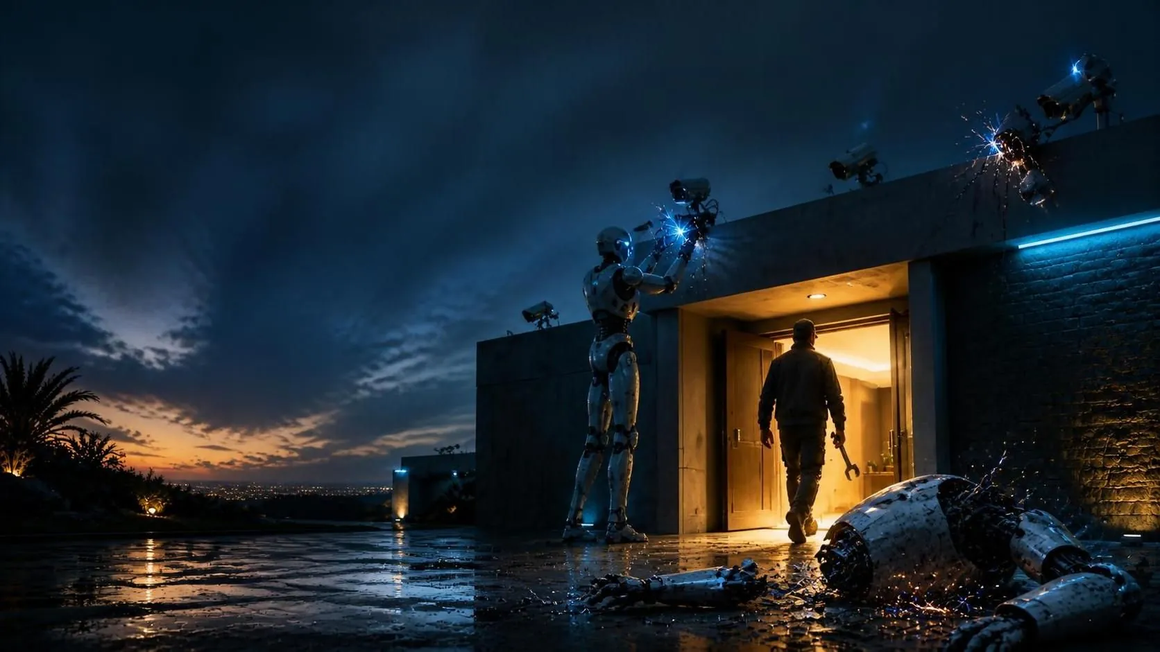 A humanoid security robot stands at the wall repairing a sparking rooftop camera someone has smashed, while a person carrying a wrench walks unchallenged through the open, lit front door.